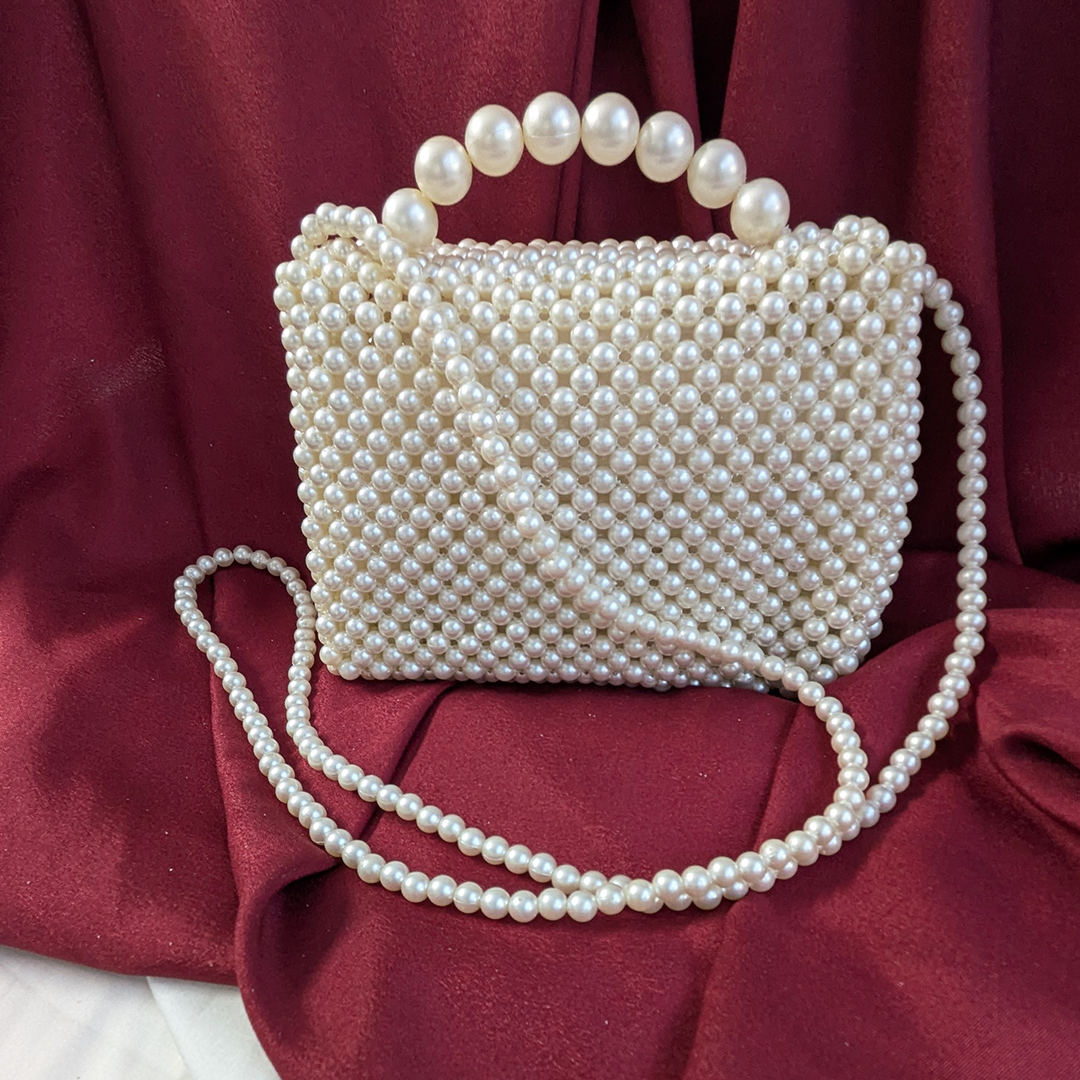 White Double-Handled Pearl Embellished Chic Bag for Women