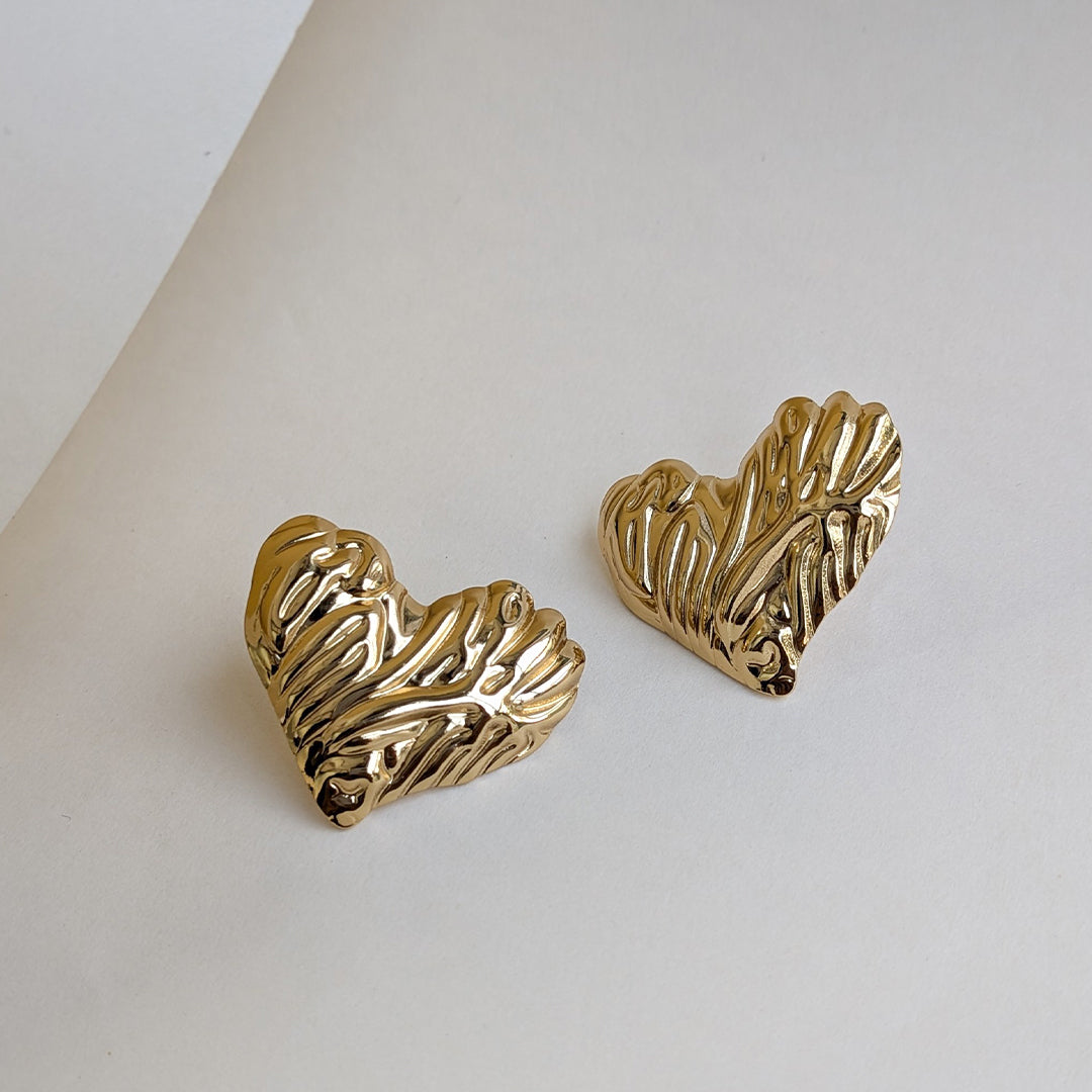 Golden Abstract Heart Sculpted Stud Earrings For Girls & Women (Anti-Tarnish)