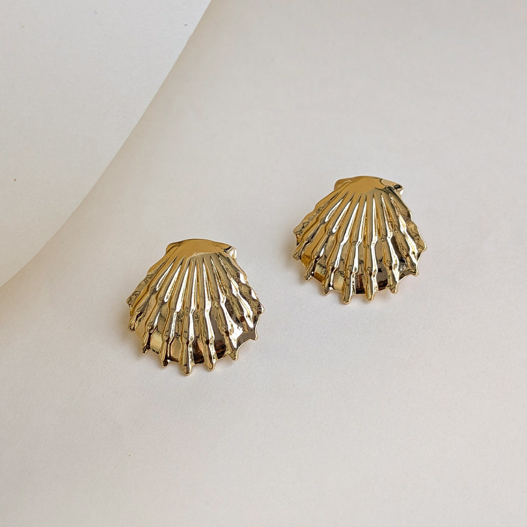 Gold Plated Shell Design Statement Stud Earrings For Girls & Women (Anti Tarnish)