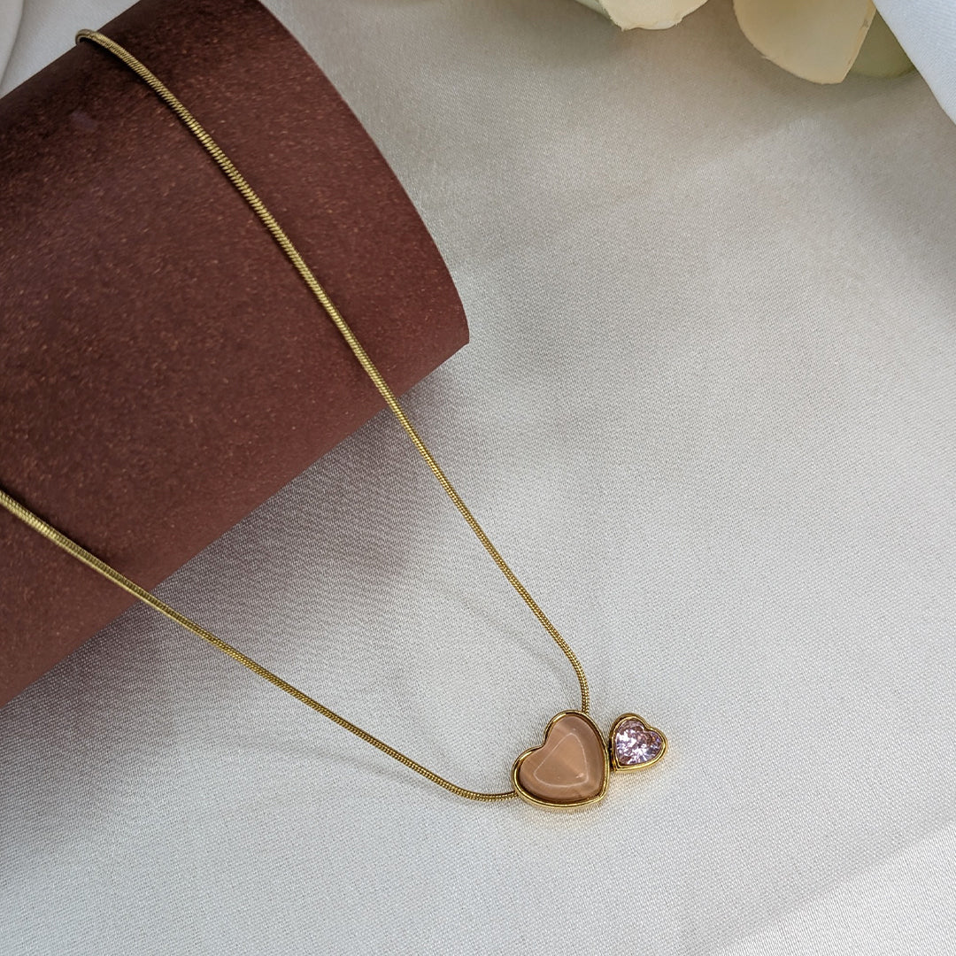 Gold Tone Twin Heart Pendant with Glossy Beige Stone & Stud For Girls & Women