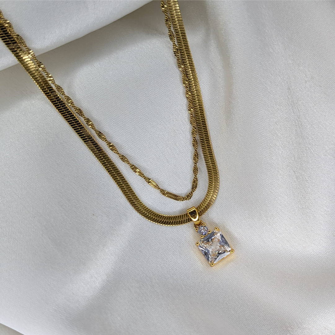 Gold Plated Dual Layered Radiant Square Crystal Stainless Steel Pendant For Girls & Women