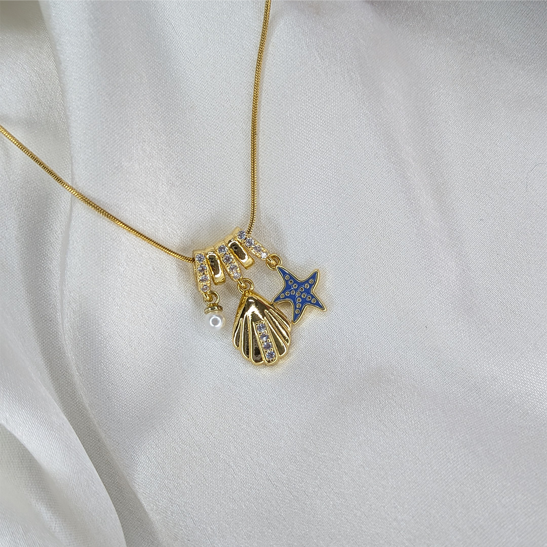 Gold Plated Seashell & Blue Starfish Charm Pendant For Girls & Women
