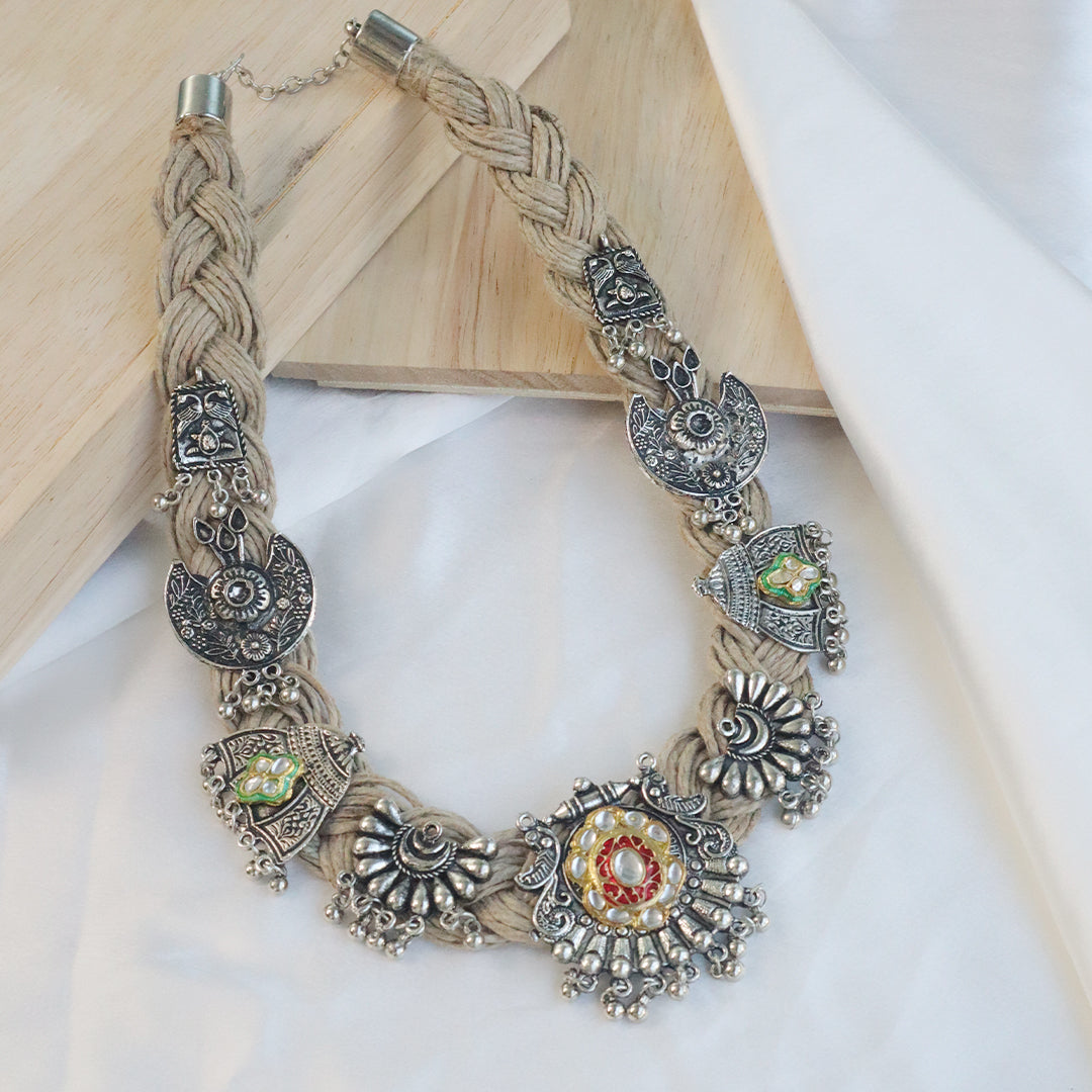 Tribal Oxidized Necklace with Beige Braided Thread & Antique Charms (Navratri Special)