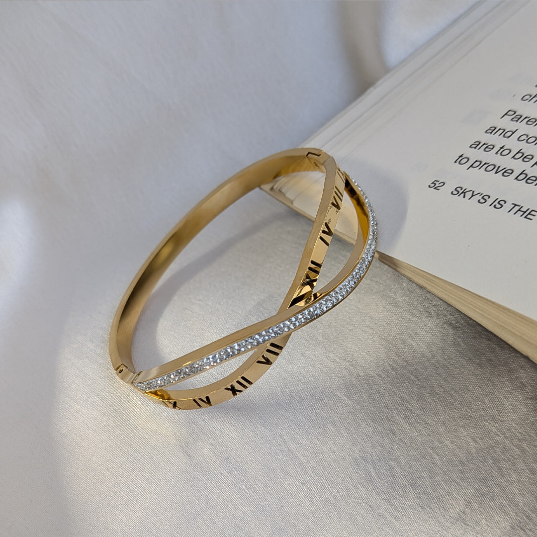 Gold Plated Roman Numeric Dual-Layer Crossover Bracelet For Girls & Women