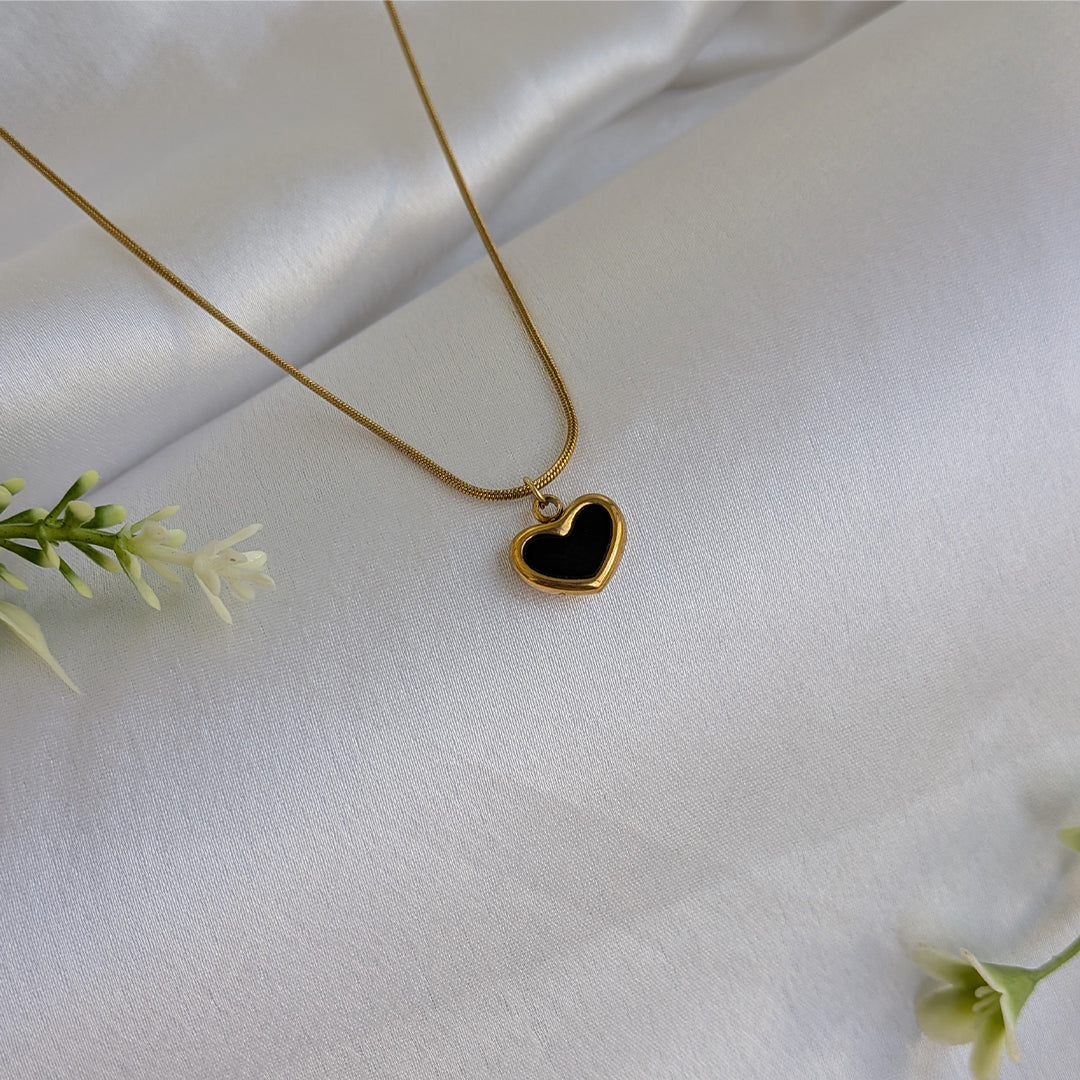 Gold Plated Black Enamelled Heart Pendant With Beaded Chain For Girls & Women