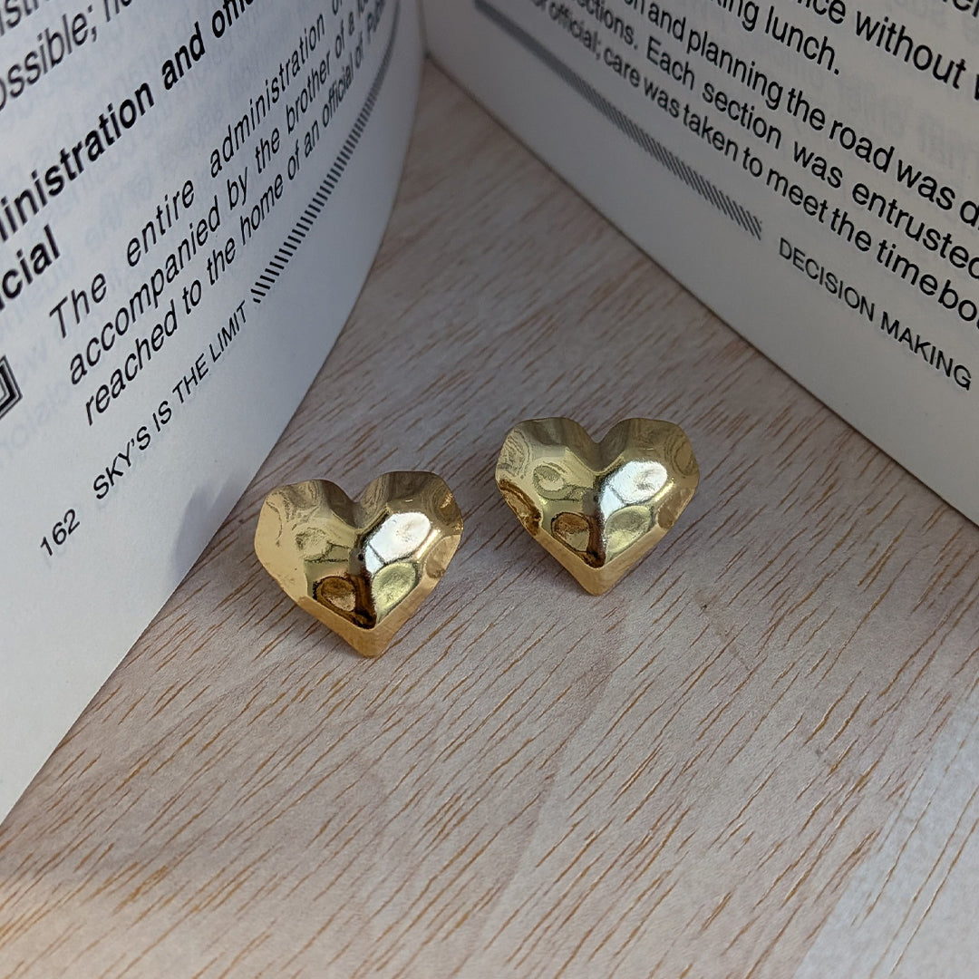 Gold Tone Hammered Heart Stud Earrings For Girls & Women (Anti-Tarnish)