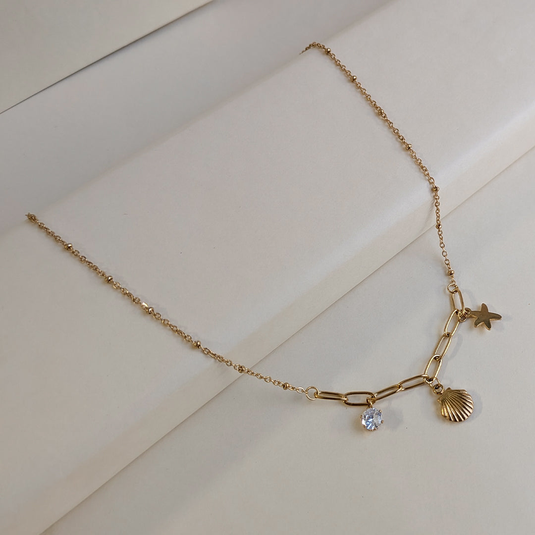 Gold Plated Layered Seashell & Starfish Charm Pendant For Girls & Women