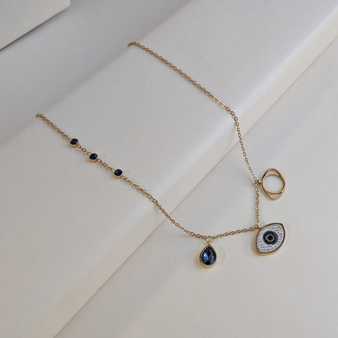 Gold Plated Zirconia Studded Evil Eye Protection Pendant with Teardrop Accent For Girls & Women