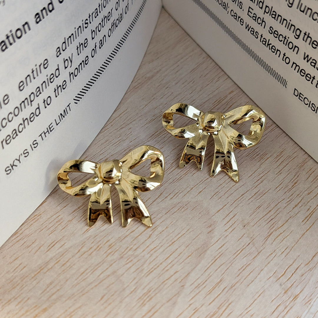 Sculptural Gold Bow Stud Earrings For Girls & Women (Anti-Tarnish)