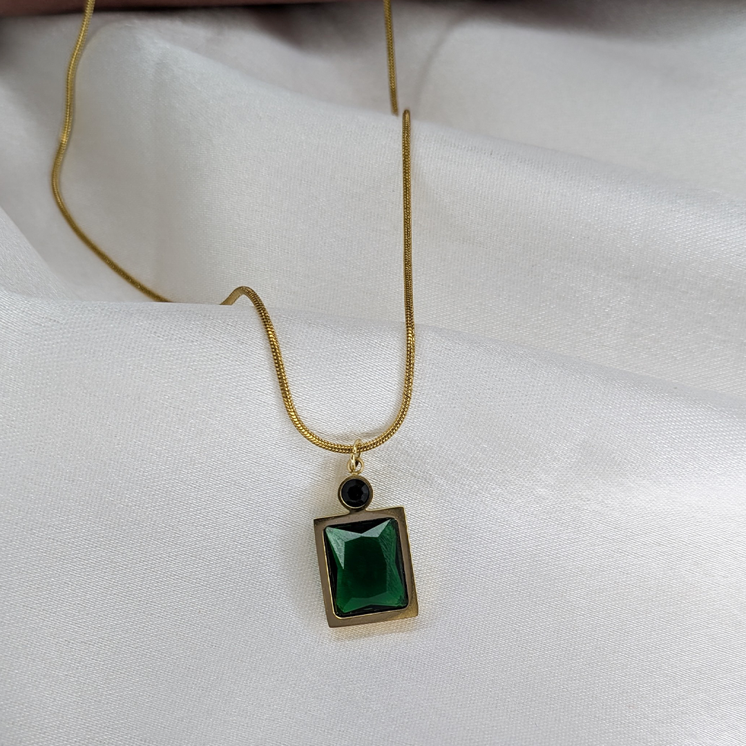 Gold Tone Emerald Green Square Pendant with Round Crystal Accent