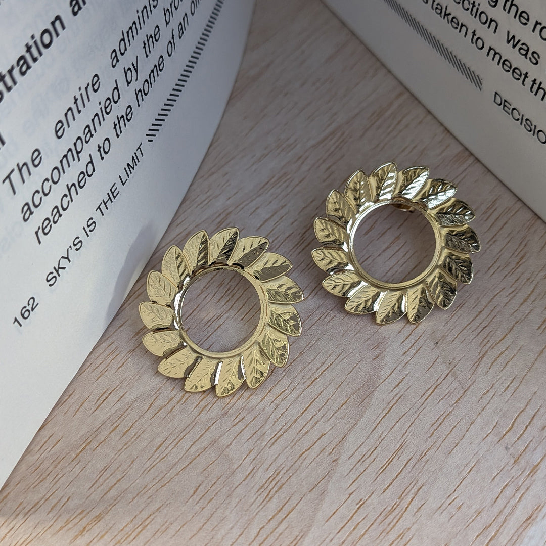 Gold Tone Leaf Circle Stud Earrings For Girls & Women (Anti-Tarnish)