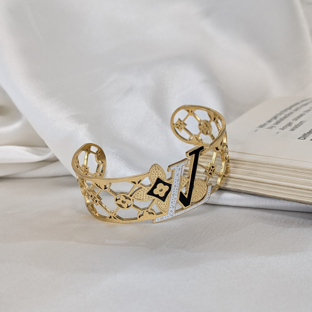 Gold Finish Brand Inspired Cutout Cuff Bracelet For Girls & Women