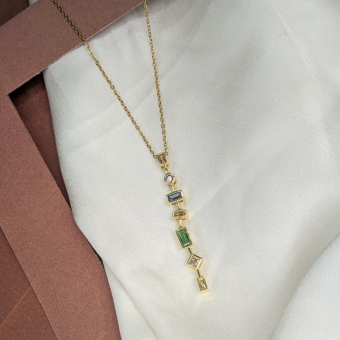 Stainless Steel Gold Finish Multicolor Stone Pendant For Girls & Women