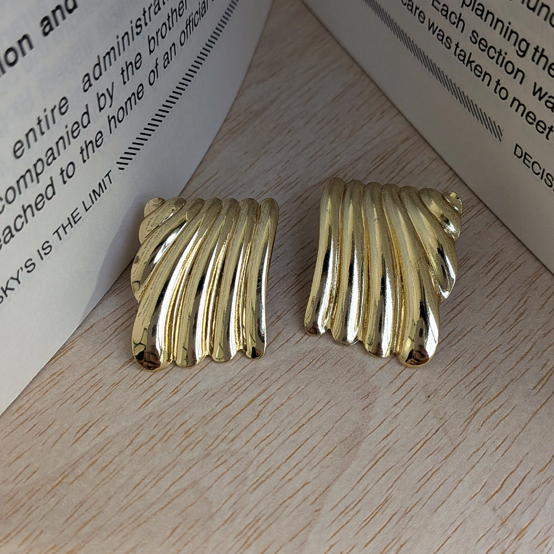 Gold Finish Ripple Fan Textured Stud Earrings For Girls & Women (Anti Tarnish)