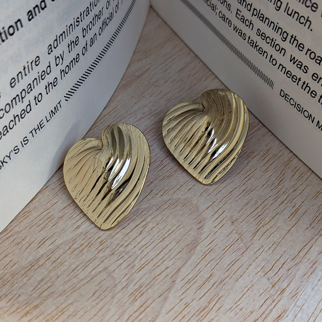 Golden Gilded Grace Textured Heart Stud Earrings For Girls & Women (Anti-Tarnish)