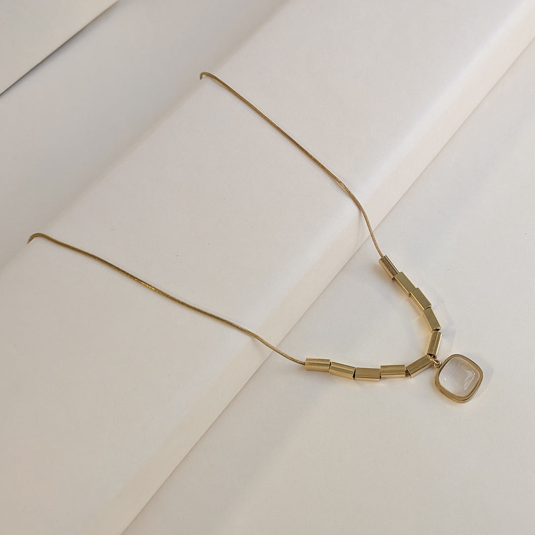 Gold Plated Square Grey Stone Geometric Pendant For Girls & Women