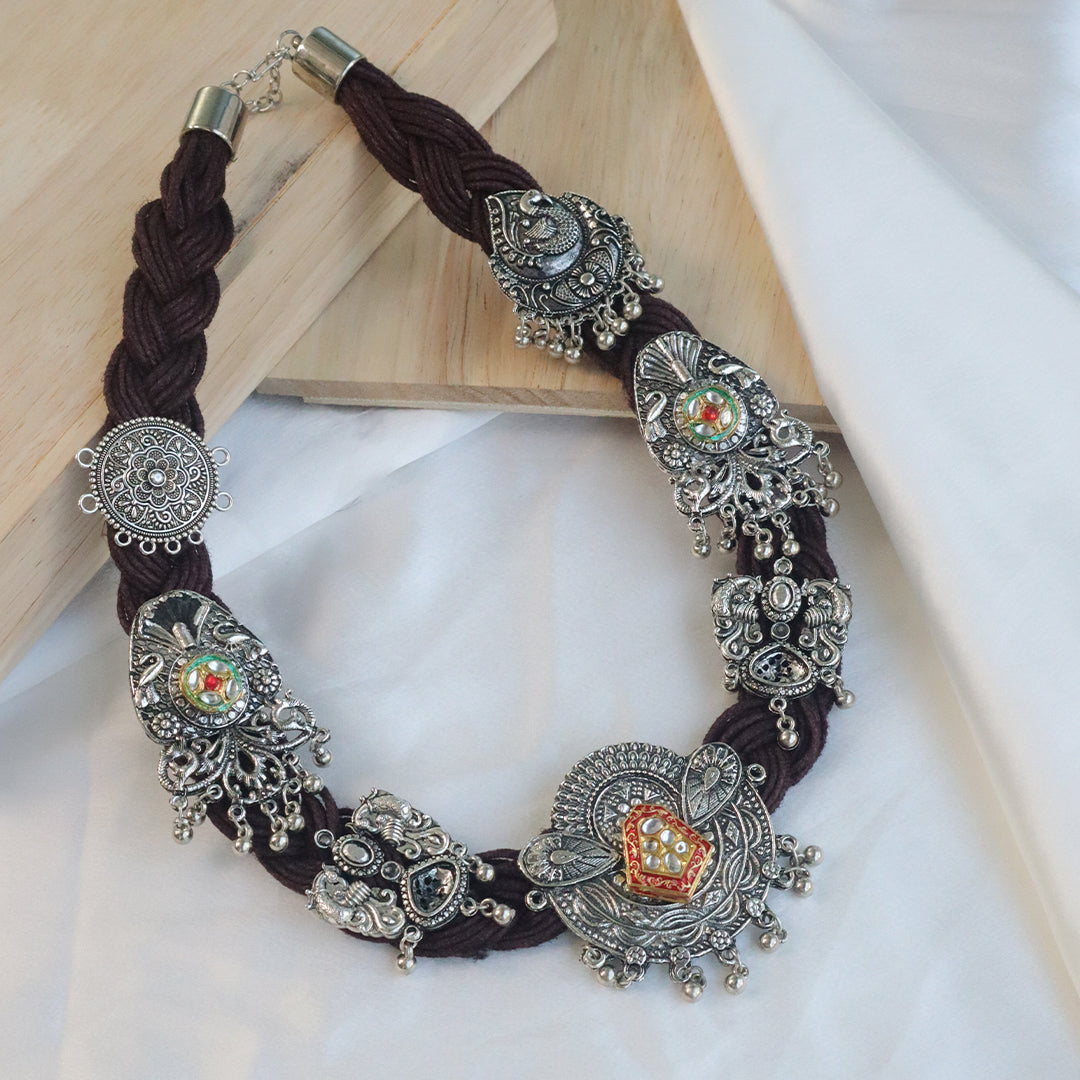 Boho-Chic Ethnic Beaded Necklace with Silver-Tone Tribal Pendants