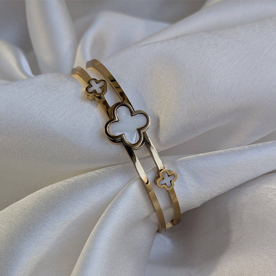 Elegant Gold Plated Clover Bracelet with White Enamel Accents For Girls & Women