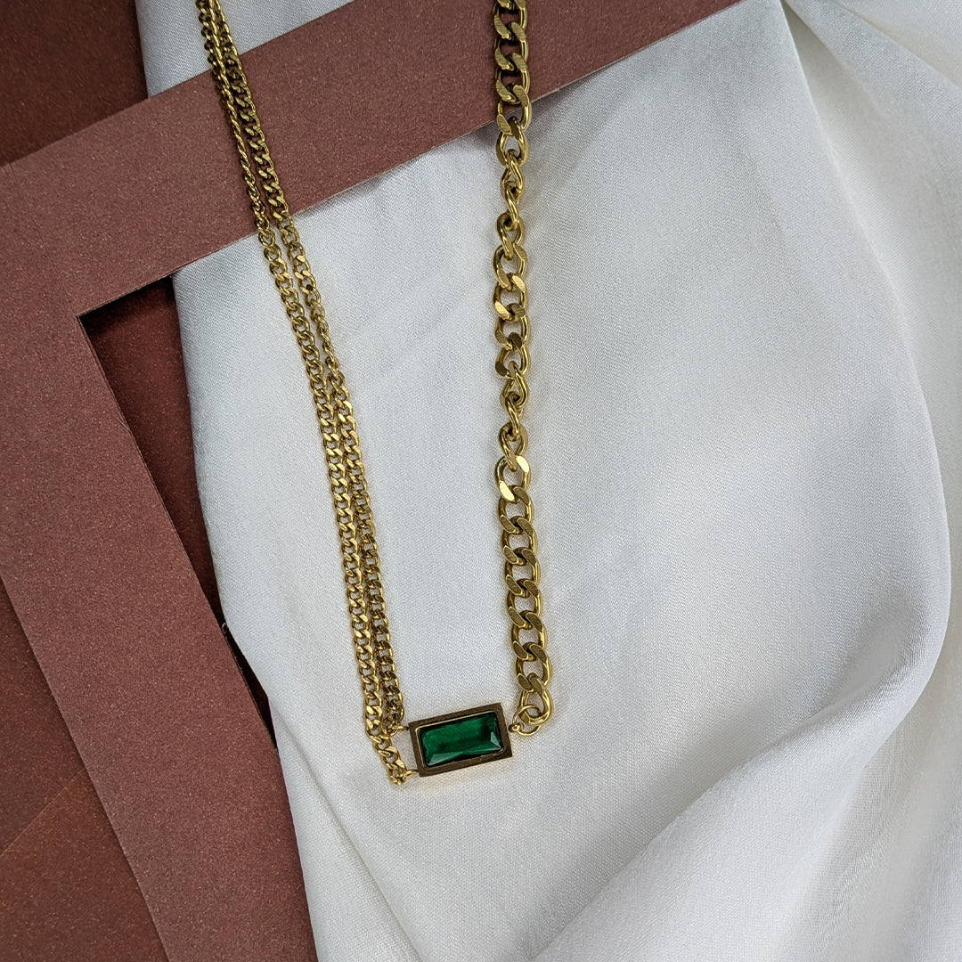 Gold Finish Double Layer Chain With Rectangle Green Stone Emerald Pendant For Girls & Women
