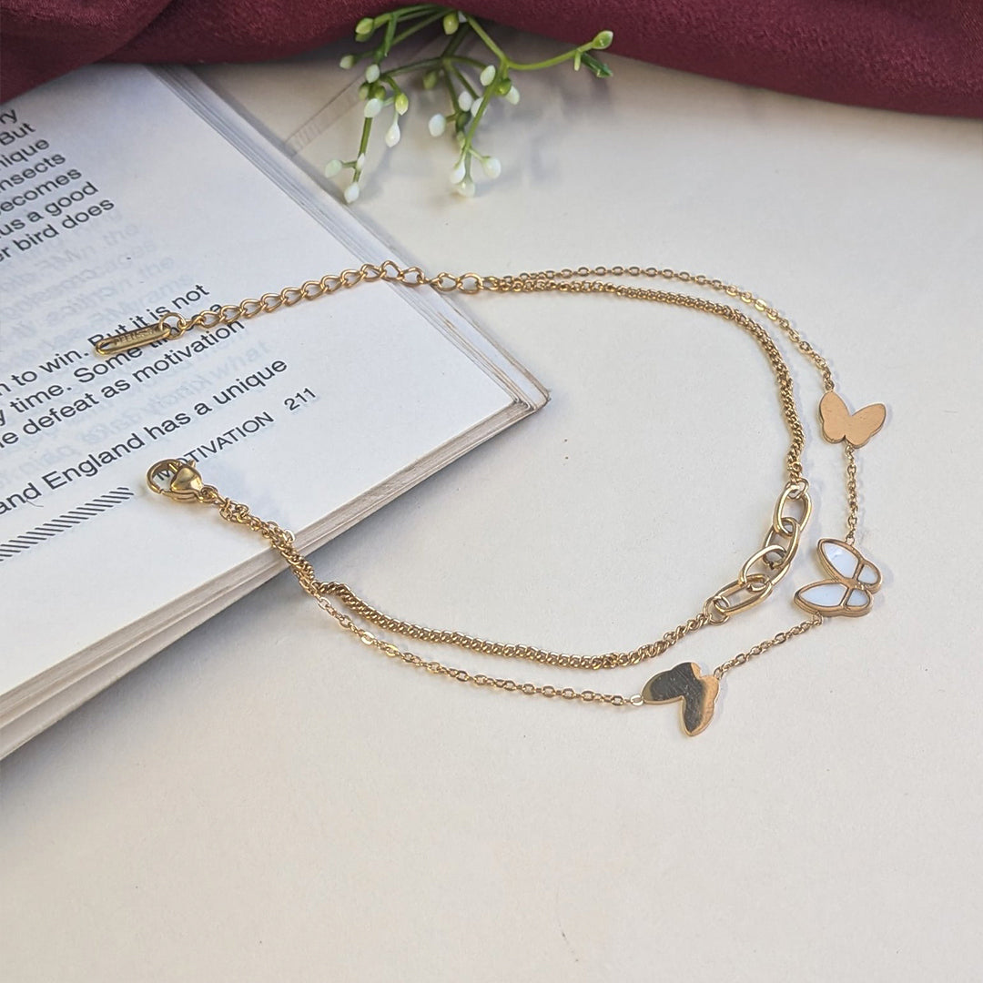 Double Layer Gold Finish Butterfly Charm Anklet For Girls & Women