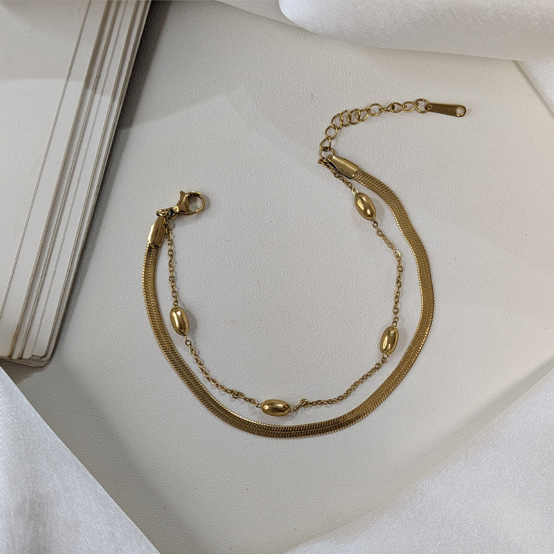 Gold Finish Designer Oval & Rectangle Beads WIth Snake Chain Bracelet For Girls & Women (Anti-Tarnish)