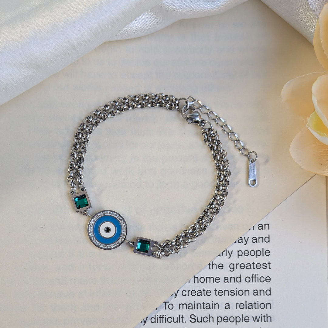 Silver Tone Evil Eye Bracelet with Green Stone Accents For Girls & Women