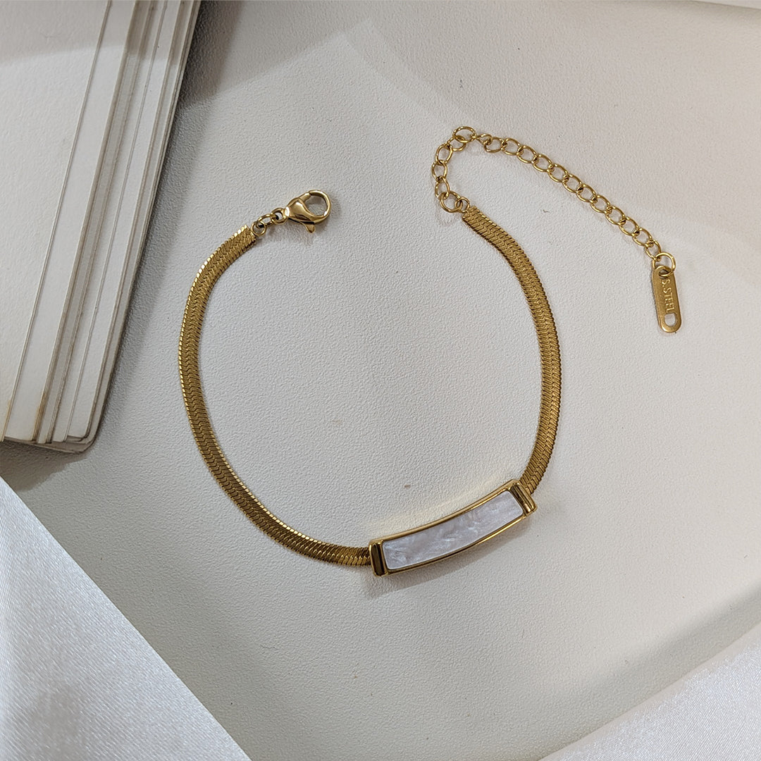 Gold Finish Flat Herringbone Snake Chain with White Enamel Stone For Girls & Women (Anti-Tarnish)