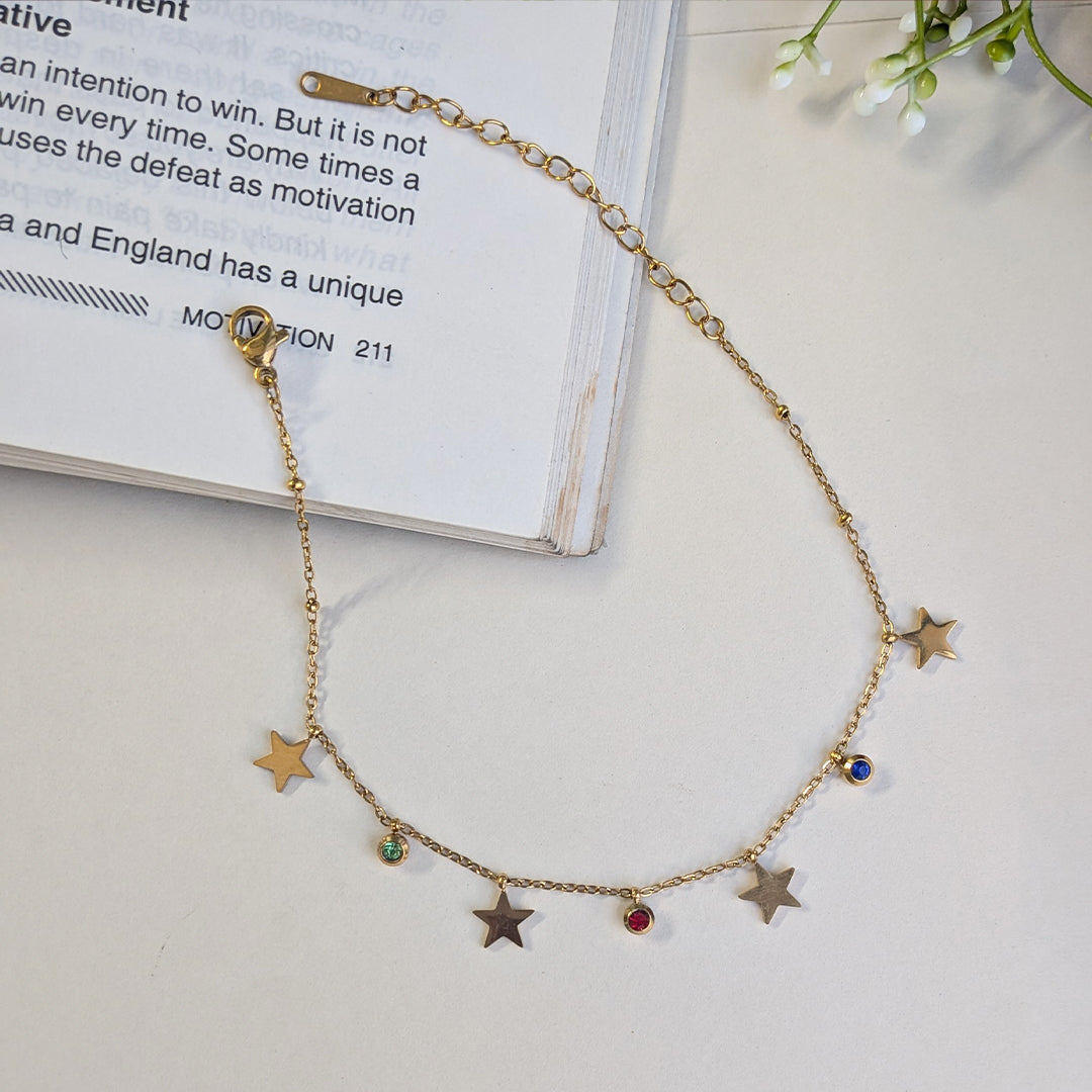 Gold Finish Star Charm Anklet with Colorful Stones Accents For Girls & Women