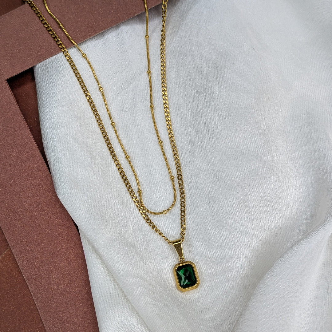 18K Gold Plated Layered Chain With Green Gemstone Emerald Pendant For Girls & Women