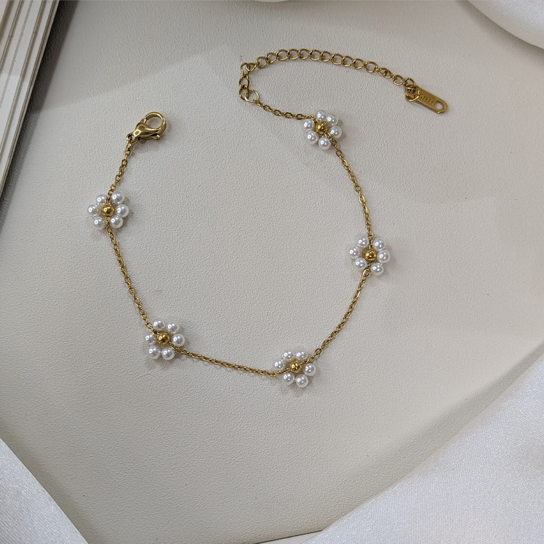 Gold Finish Daisy Pearl Bracelet For Girls & Women (Anti-Tarnish)