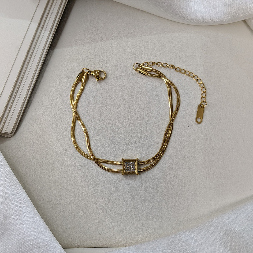 Gold Finish Pave Square Centerpiece Double Chain Bracelet For Girls & Women (Anti-Tarnish)