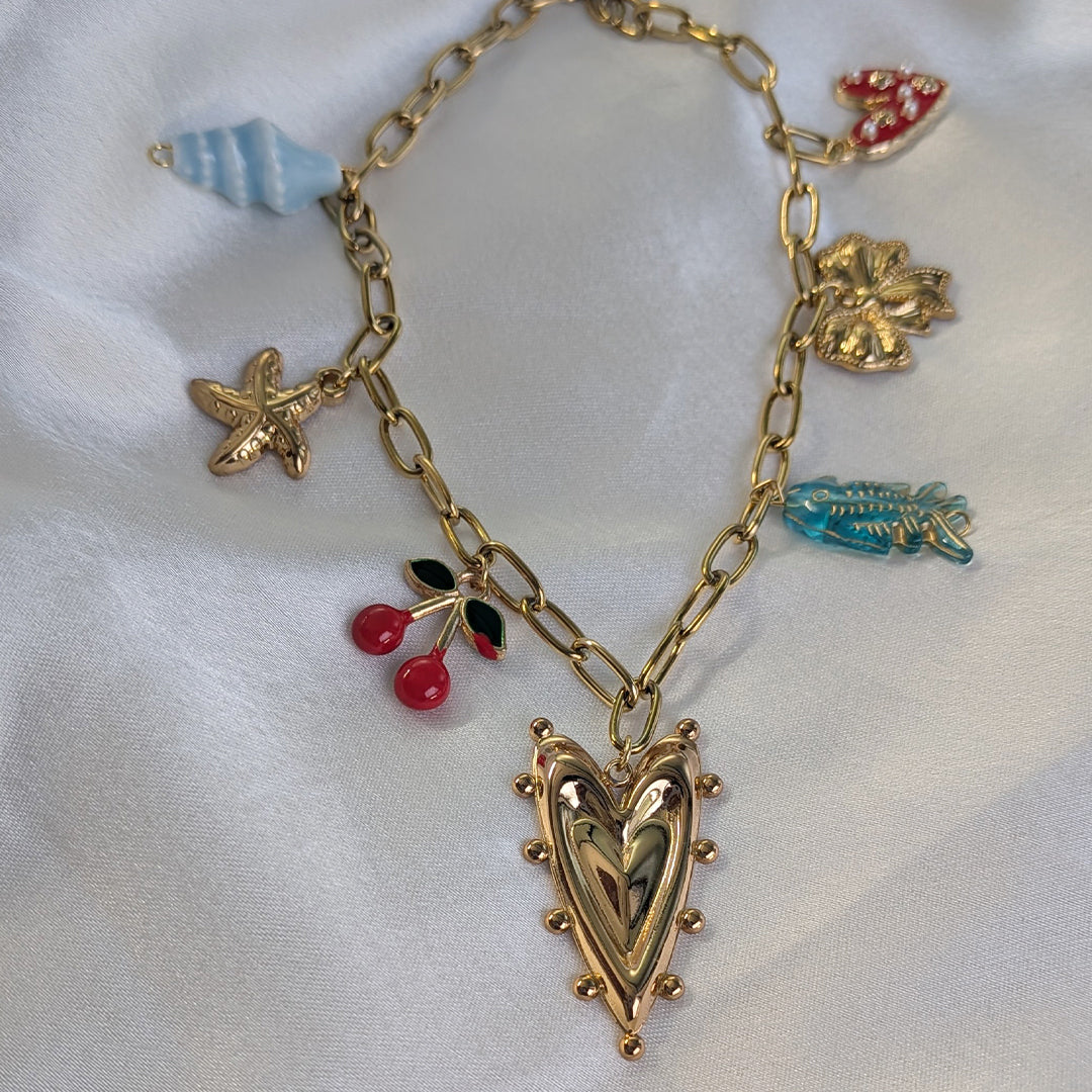 18K Gold Plated Cherry & Seashell Charm Pendant (Anti Tarnish)