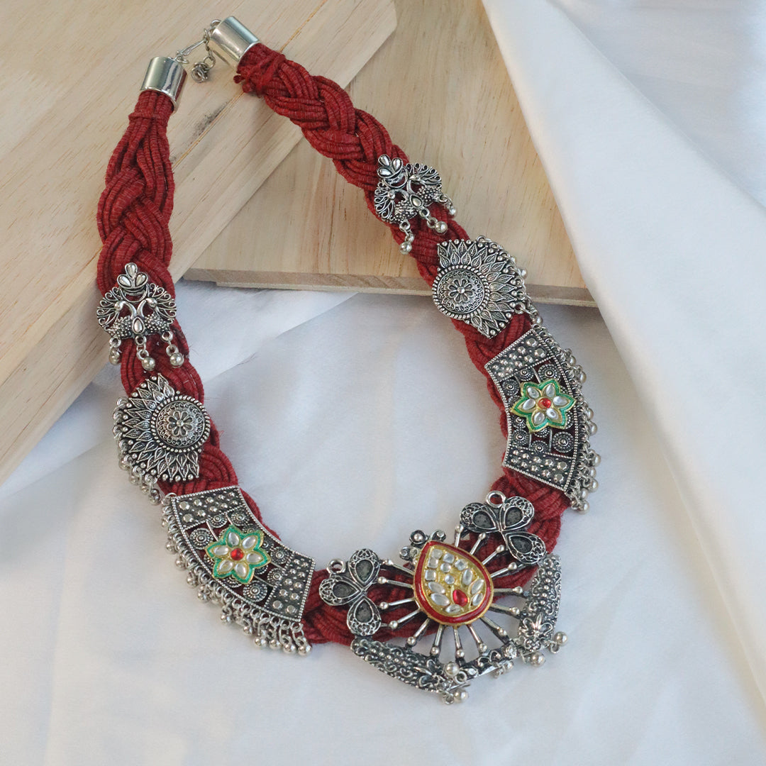 Tribal Oxidized Silver Necklace With Braided Red Thread & Meenakari Charms(Navratri Special)