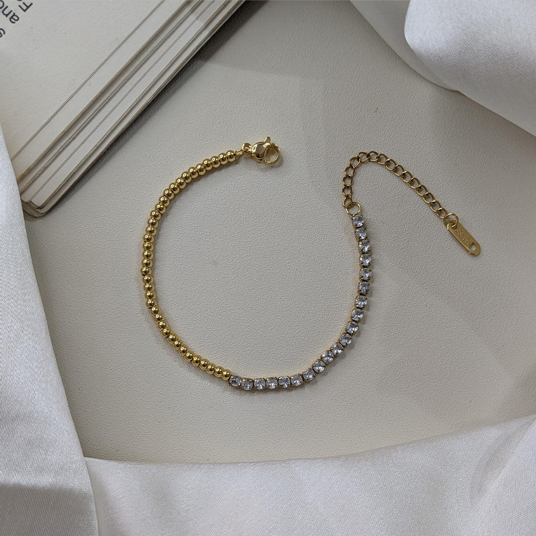 Gold Finish Crystal Studded Half Chain Bracelet For Girls & Women (Anti-Tarnish)