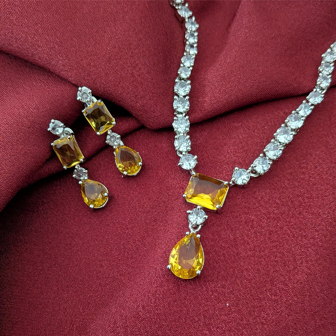 Silver Finish Classic Rectangular & Teardrop Stone Jewellery Set For Women