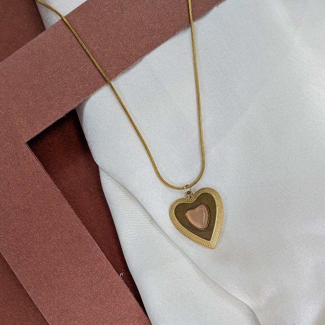 Gold Plated Dual Heart Pendant with Pink Stone for Women