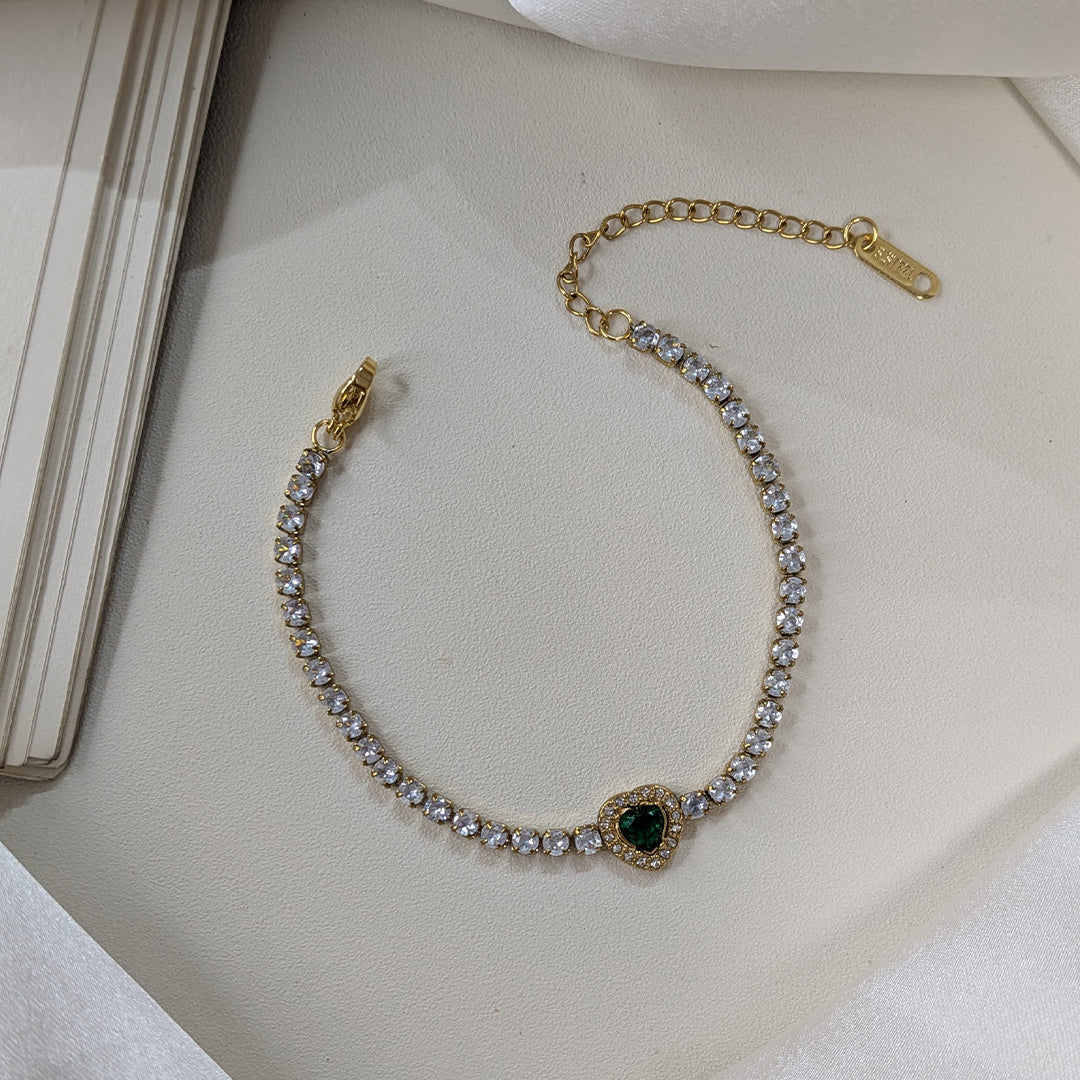 Gold Finish Green Heart Crystal Tennis Bracelet For Girls & Women (Anti-Tarnish)