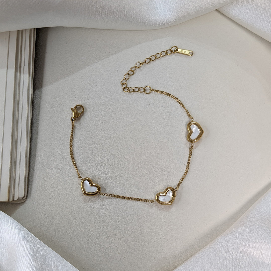 Gold Finish White Mother of Pearl Heart Charm Bracelet For Girls & Women (Anti-Tarnish)