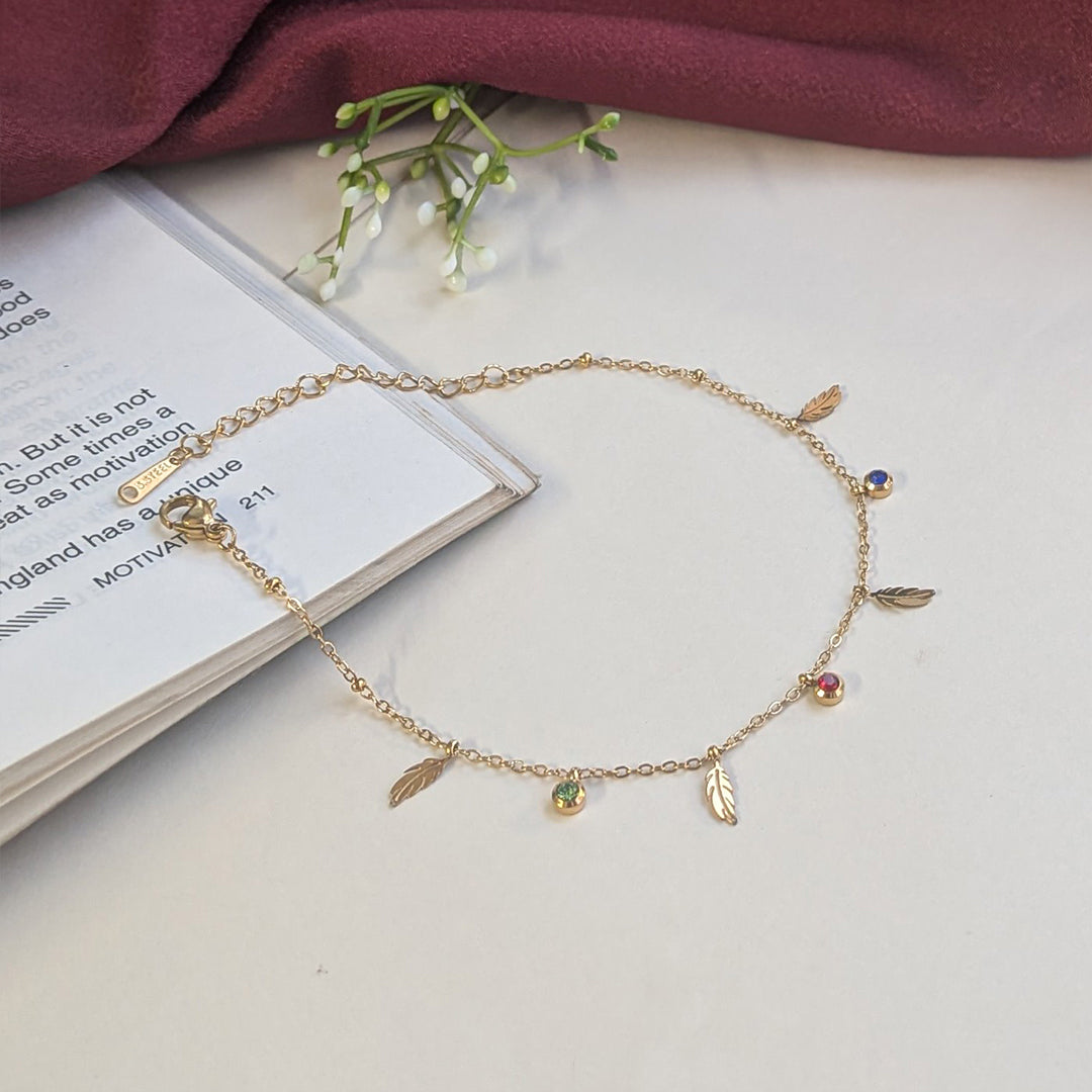 Minimalist Gold Tone Feather Charm Anklet With Stone Accents For Girls & Women