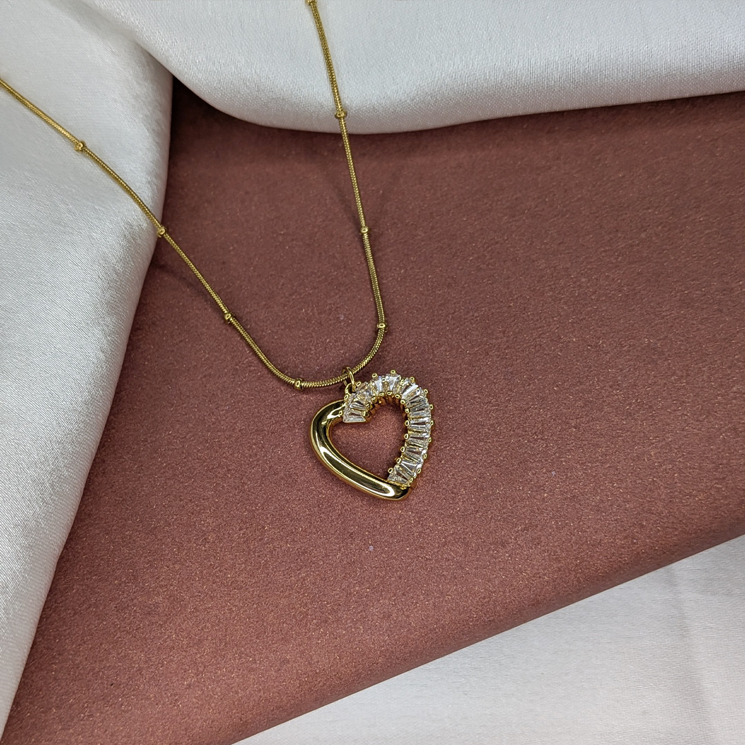 Gold Plated Baguette Crystal Heart with Beaded Stainless Chain Pendant For Girls & Women