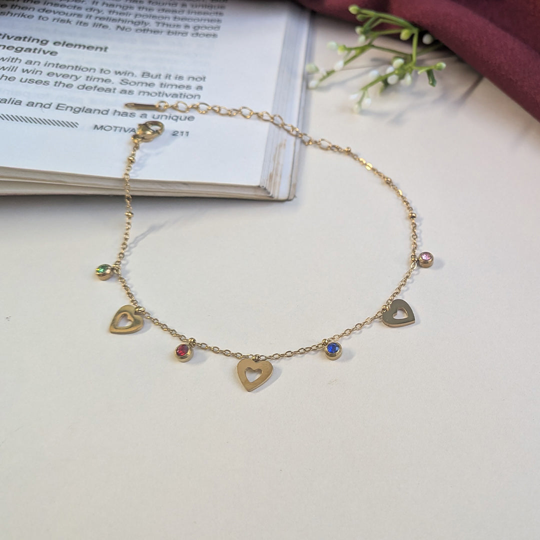 Gold Finish Flower Clover Charm Anklet With Stone Accents For Girls & Women