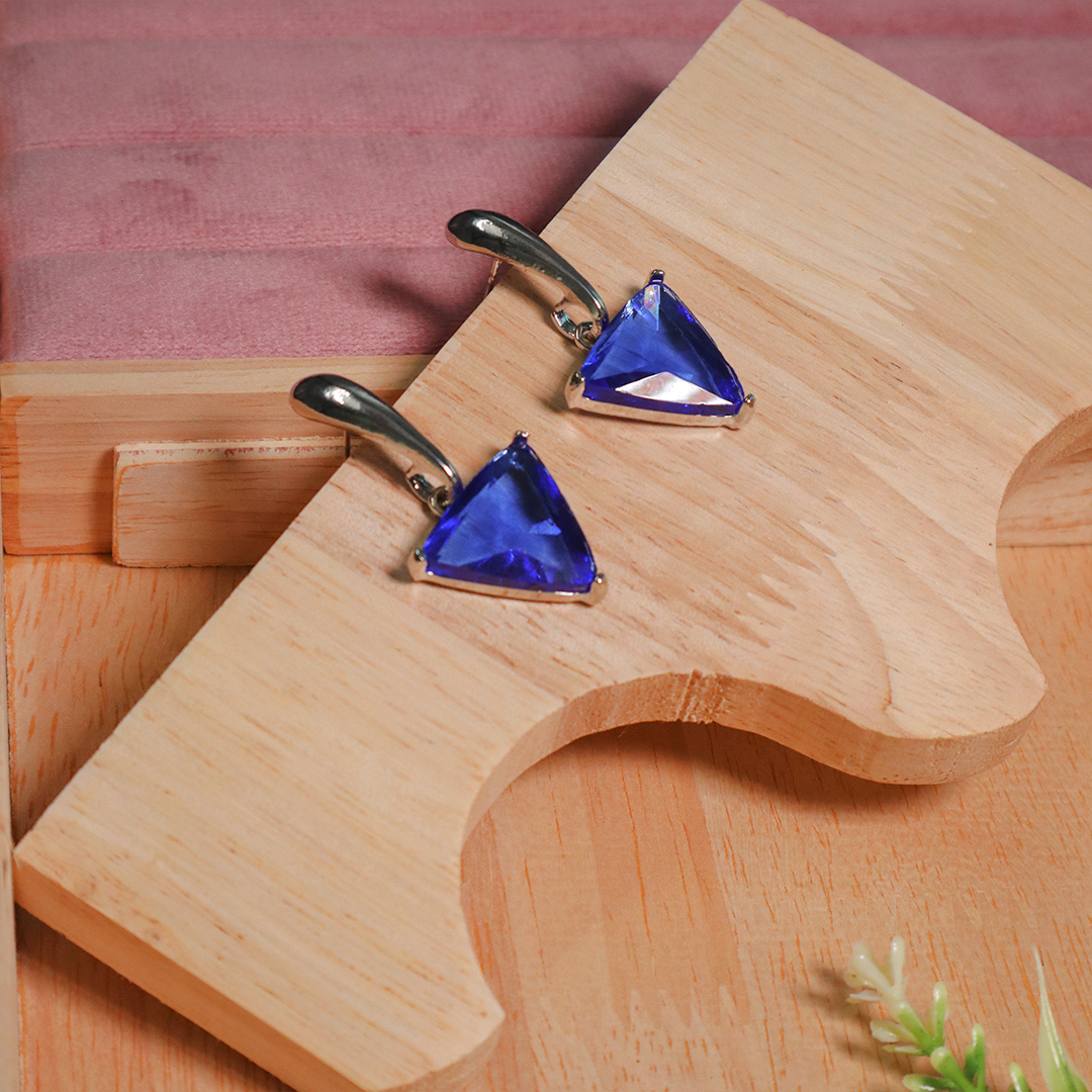 Silver Navy Blue Triangle Dangle Earrings
