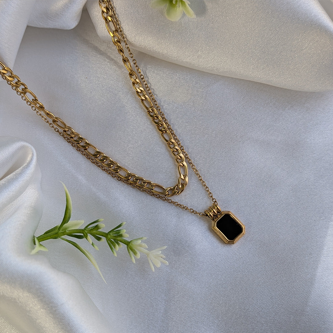 Minimalist Dual-Chain Necklace with Black Stone Pendant For Girls & Women