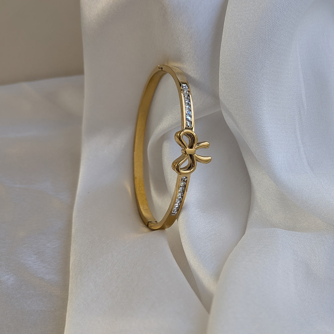 Gold Plated Elegant Bow Charm Gold Cuff Bracelet with AD Stones For Girls & Women