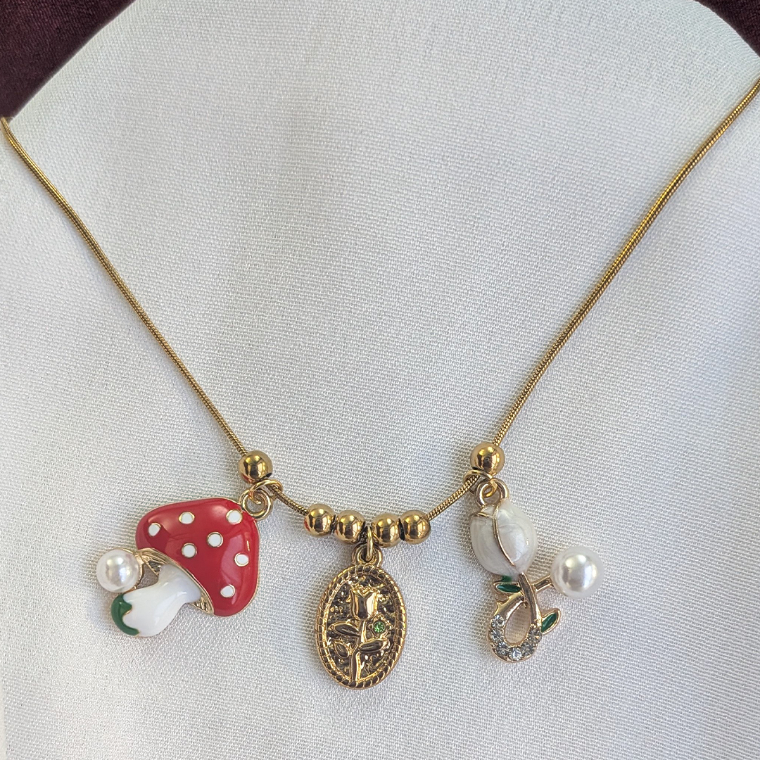 Gold Plated Cute Mushroom, Pearl Leaf & Floral Medallion Charm Pendant For Girls & Women