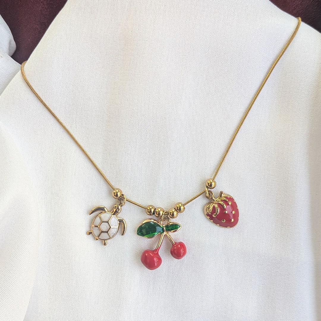 Gold Plated Cute Turtle, Cherry & Strawberry Charm Pendant For Girls & Women