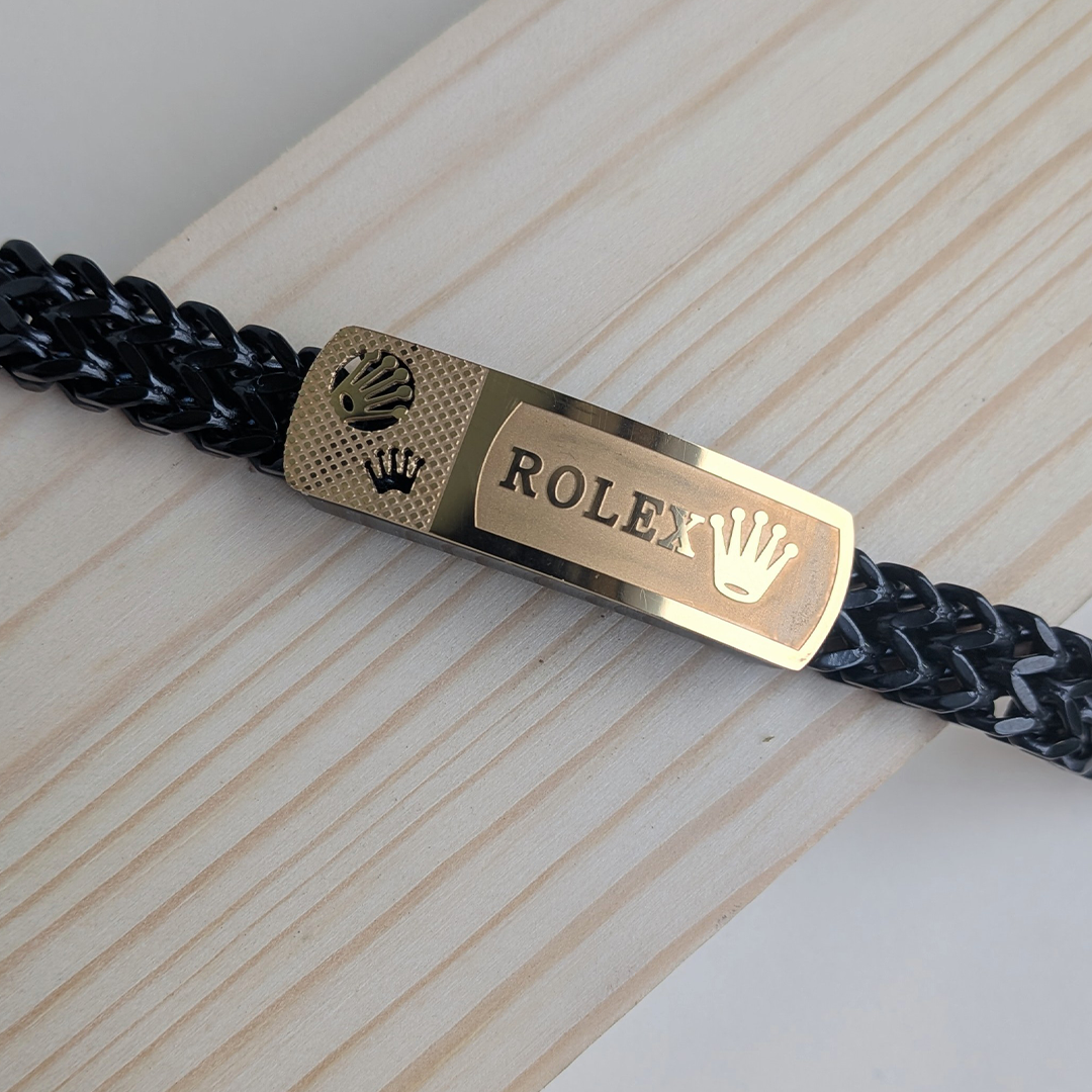 Rolex Brand Inspired Black Woven Stainless Steel Bracelet With Clasp For Men