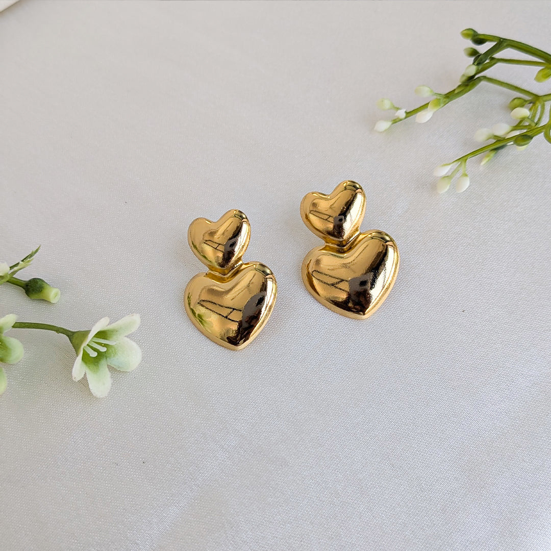 Double Heart Gold Tone Stud Earrings For Girls & Women (Anti Tarnish)