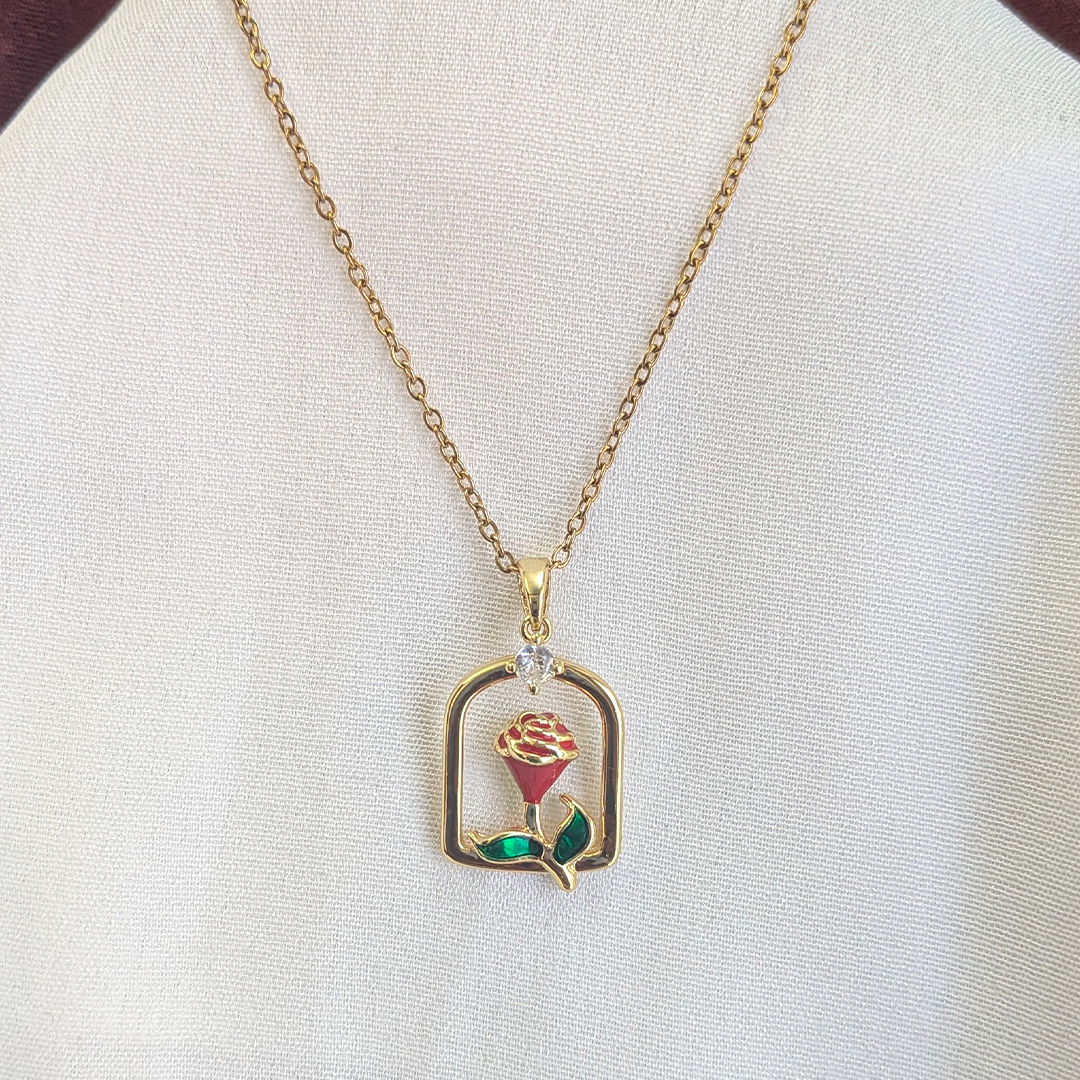 Gold Plated Red Rose Enamel Framed Pendant For Girls & Women