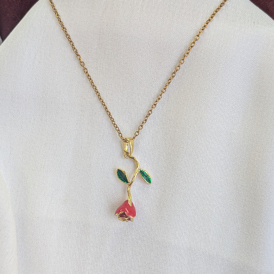 Gold Plated Red Enamel Rose Flower Pendant For Girls & Women